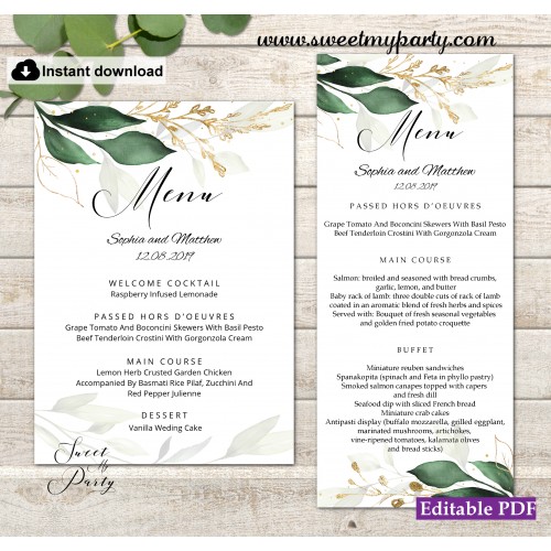 Greenery menu card printable template,Gold menus,(148w)